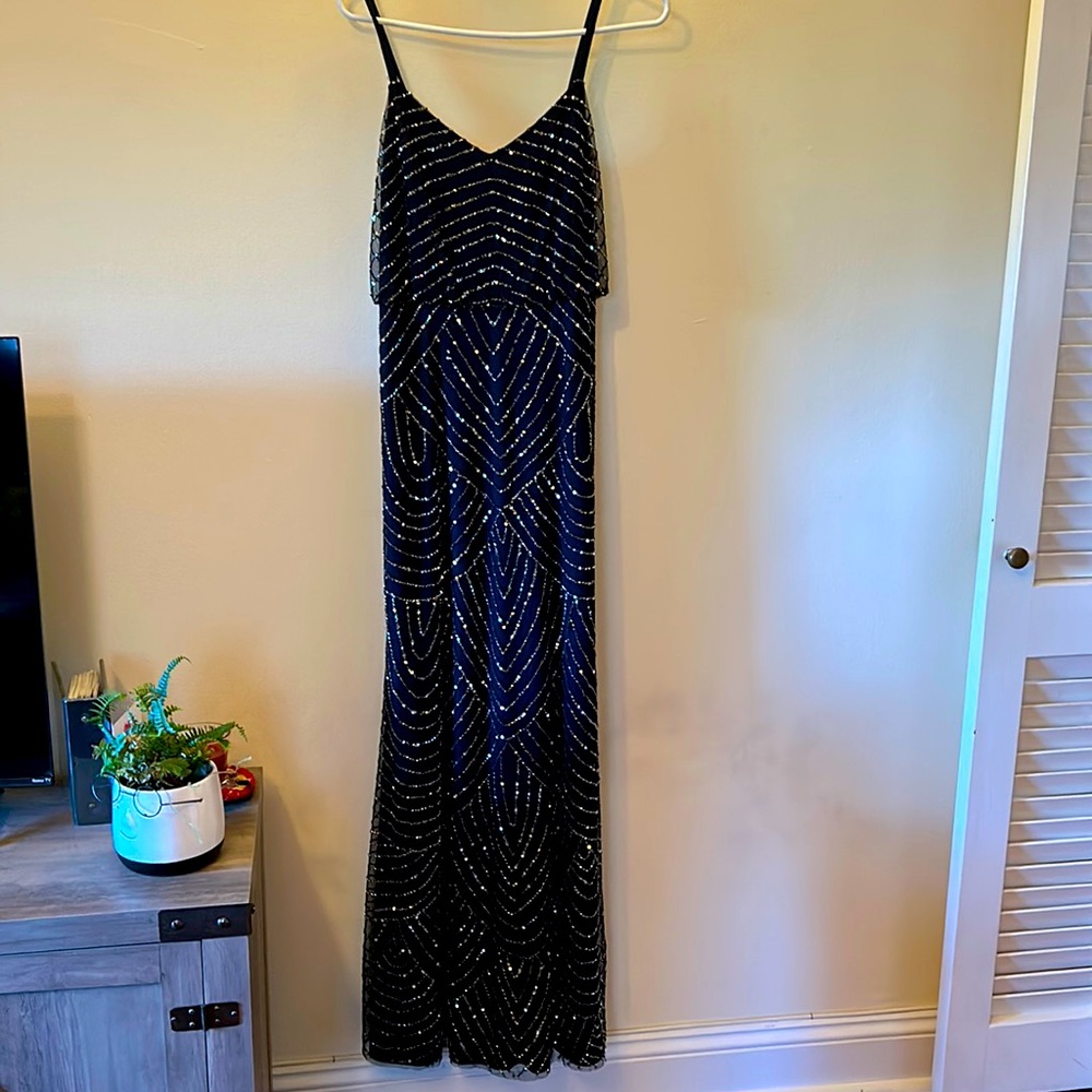 Adrianna Papell floor length navy beaded gown